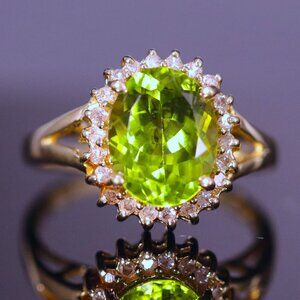 14k Yellow Gold 4.3ct Peridot and Diamond Halo Ring